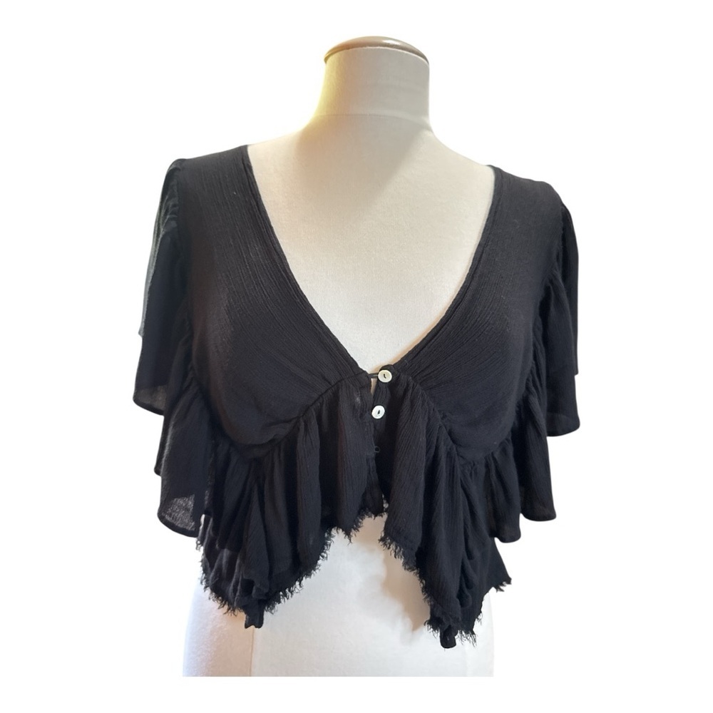 Free People Black Flutter Sleeve Crop Blouse - Picture 3 of 8